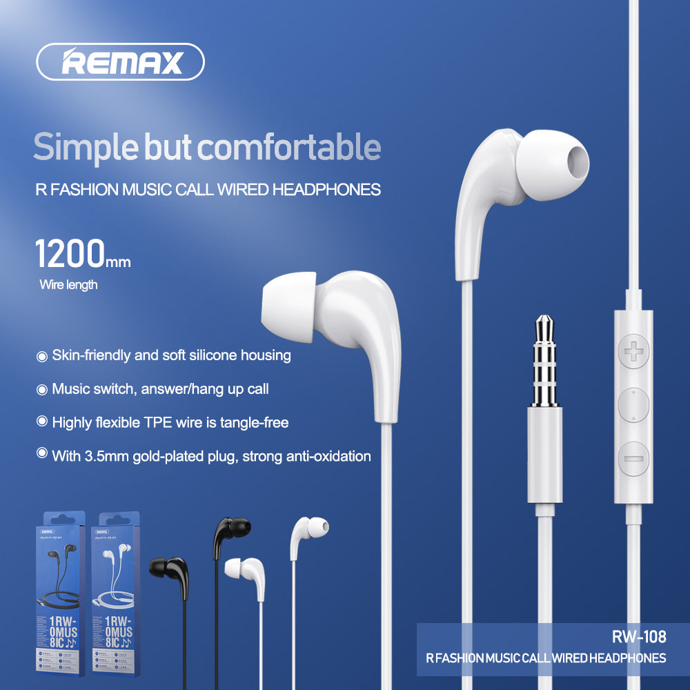 Remax RW-108 High Quality In-Ear Wired Music Earphone Stereo for Mobile Earphone