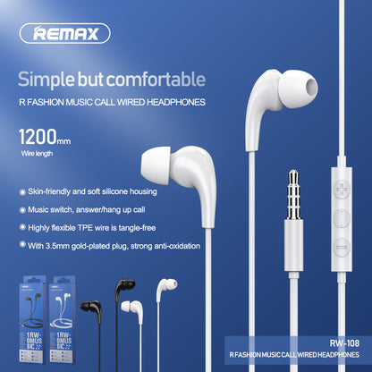 Remax RW-108 High Quality In-Ear Wired Music Earphone Stereo for Mobile Earphone