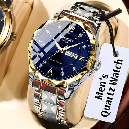 Luxury Men's Stainless Steel Quartz Watch – Waterproof, Luminous, Day & Date Display, Stylish