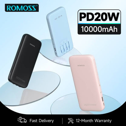 ROMOSS Handy 10 (10000mAh)  22.5W Fast Charging Power Bank Built in 3 Cables Micro,Type c and Lighting