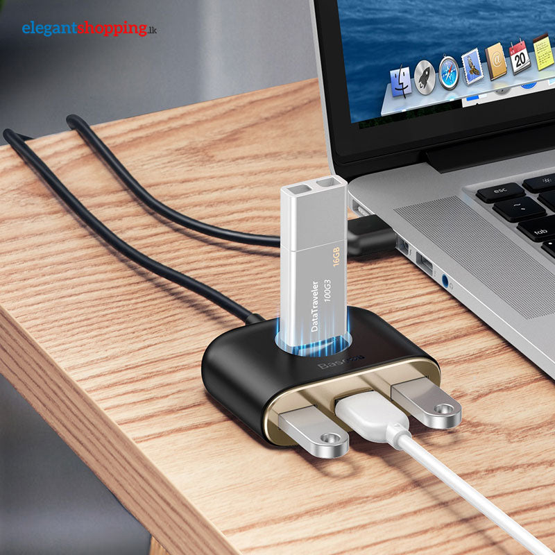 100% Genuine BASEUS Square Round 4 in 1 USB Hub Adapter (USB3.0 to USB3.0*1+USB2.0*3) 1m Cable - Black