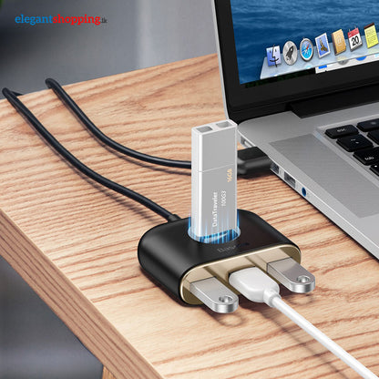 100% Genuine BASEUS Square Round 4 in 1 USB Hub Adapter (USB3.0 to USB3.0*1+USB2.0*3) 1m Cable - Black