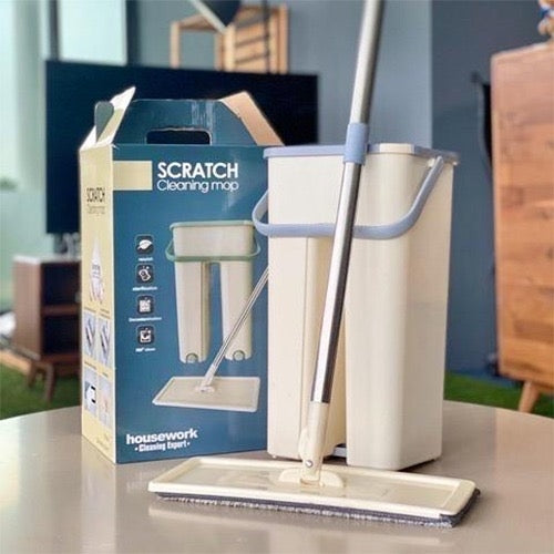 Adjustable Cotton Bucket Scratch Mop with Washable Pads, Hands-Free Microfiber Flat Spin Mop System