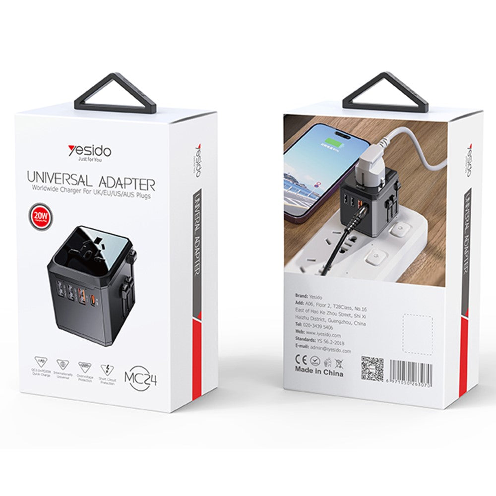 YESIDO MC24 20W Universal Adapter Socket Travel Wall Charger