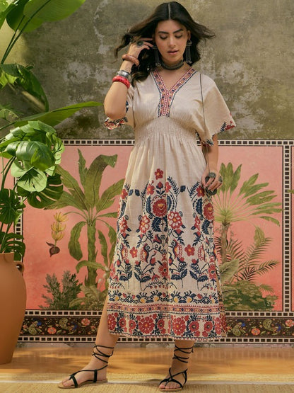 Printed Cotton V-Neck a-Line Knee Length Dresses
