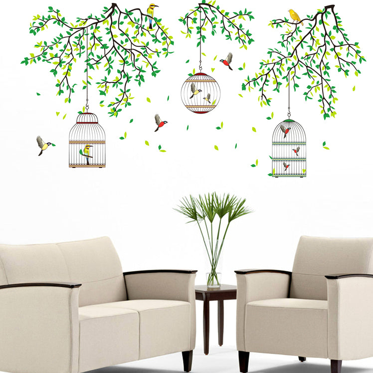 Three Cages Green Leaf with bird Flower Border Wall Decoration Sticker TV Frame Sticker Kitchen Living Room Decoration Star Room Deco wall stickers Stars Tree Wedding nursery decorative