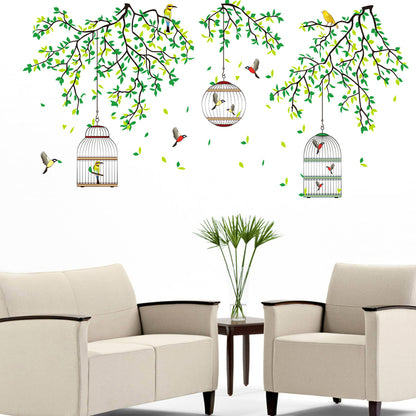 Three Cages Green Leaf with bird Flower Border Wall Decoration Sticker TV Frame Sticker Kitchen Living Room Decoration Star Room Deco wall stickers Stars Tree Wedding nursery decorative