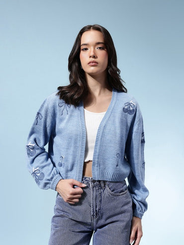 Crop Front Open Conversational Print Sweater with Embroidered Detail