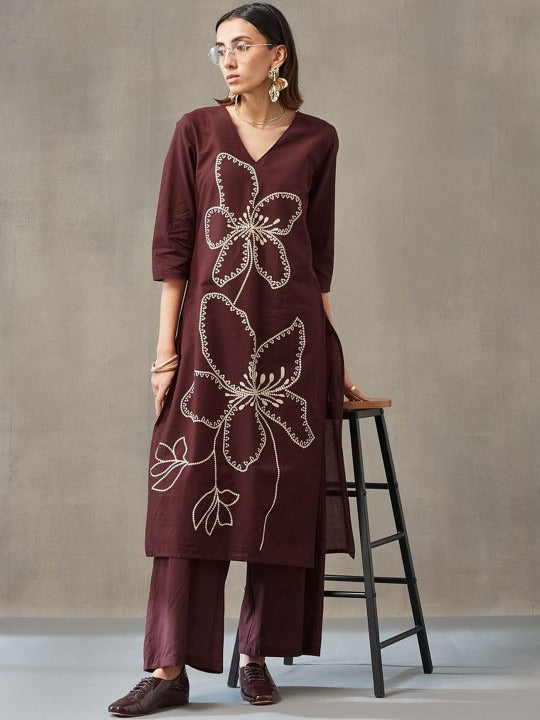 Floral Embroidered Regular Thread Work Pure Cotton Work Set Kurta with Palazzos