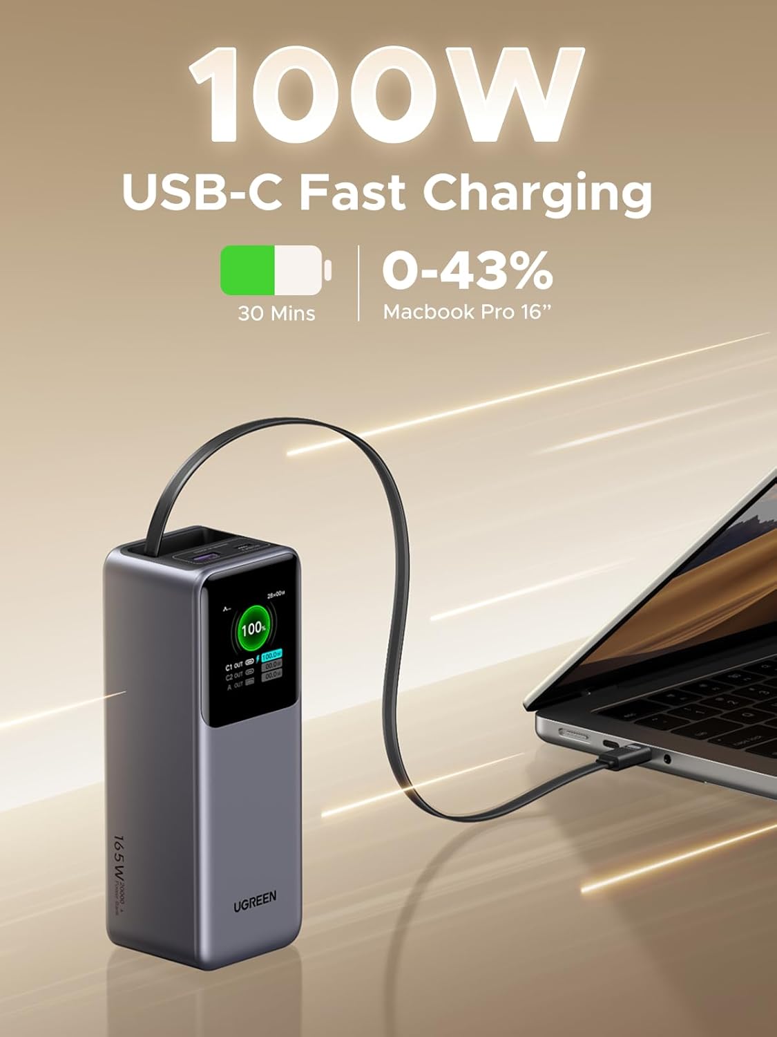 UGREEN 55987B Nexode Power Bank 20000mAh 165W with Built-in USB C Cable Laptop Travel Portable Charger, 100W Input, Fast Charging for MacBook Pro/Air/iPhone 17/16/iPad Pro/Galaxy S26 Ultra/Dell/HP and More