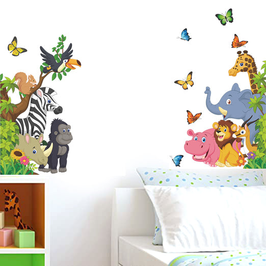 Jungle Safari Tree Cartoon Animals Theme Kids Wall Art Decal Sticker Decoration for Living Room Nursery Baby Girl Boy Kid Children's Room Bedroom Decoration