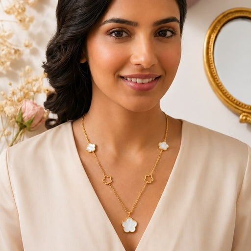Elegant Gold Clover Necklace with Pearl Flower Motifs