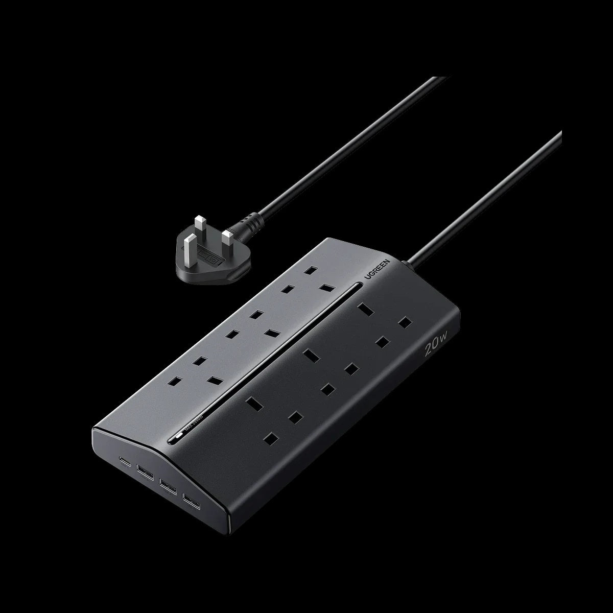 UGREEN 55318 Extension Cord Lead 1.5M, 6 Way Power Strip with 3 USB-A & 1 USB-C | 20W PD Fast Charging, 2990W Max with Master Power Switch, 15° Angled UK Plug for Home, Office, Desk & Bedroom