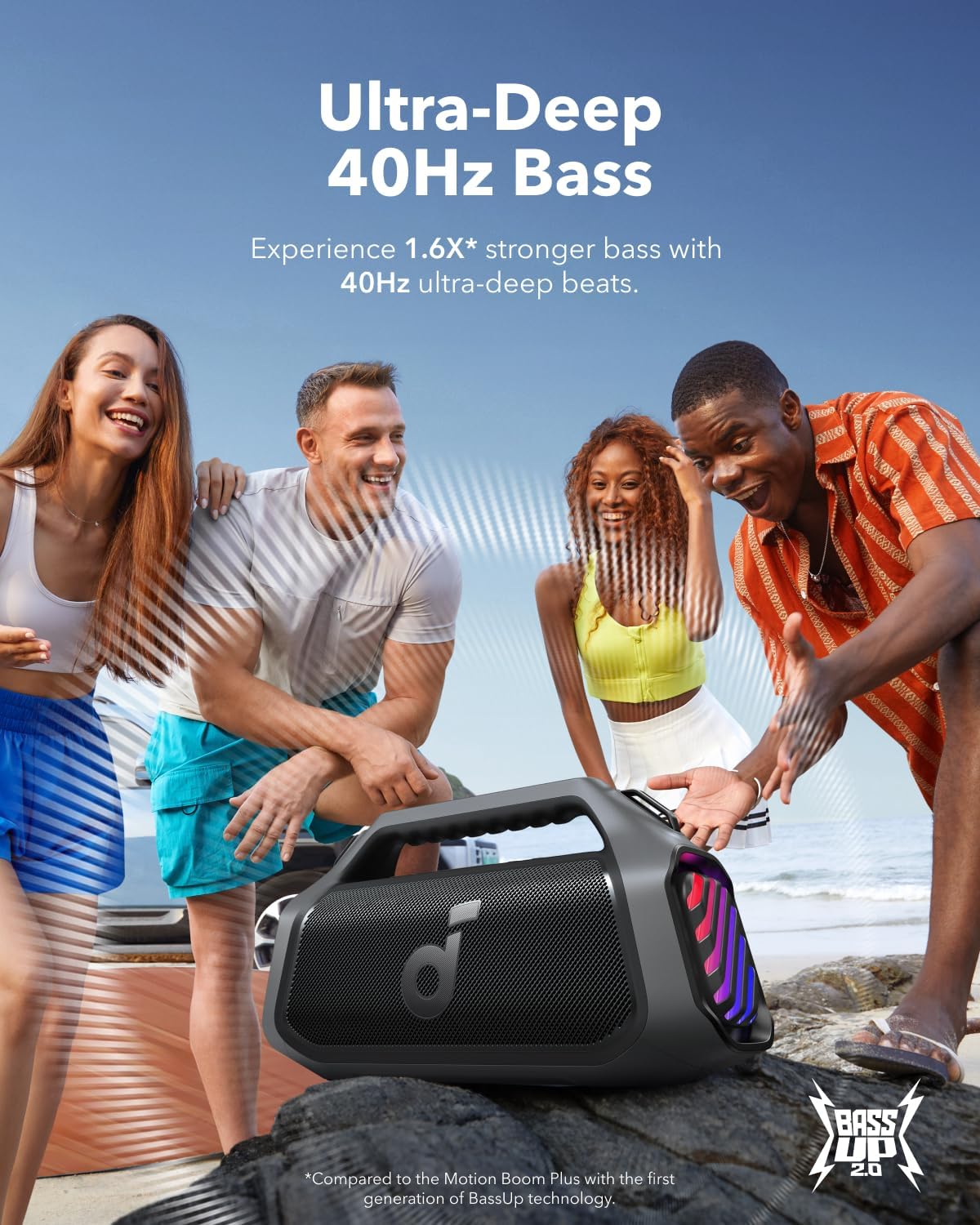 Anker Soundcore Boom 2 Plus Outdoor Speaker, 140W, 2+2 Channel, BassUp 2.0, 20H Playtime, Fast Charge, IPX7 Waterproof, RGB Lights, Power Bank, Bluetooth 5.3, Portable for Outdoors, Camping, Beach