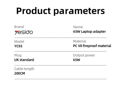 Yesido YC93 2M Length Cable Type-C Output 65W Fast Charger UK Standard Laptop Adapter Charger
