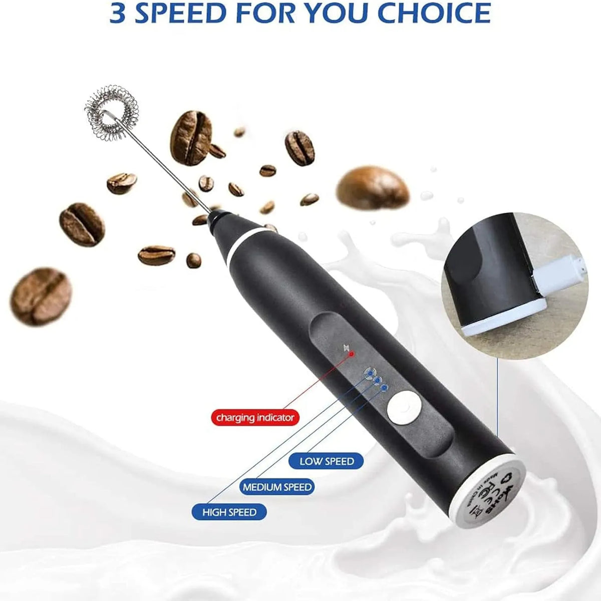 2-In-1 Handheld Milk Frother | USB Rechargeable Electric Mini Whisk & 3-Speed Foam Maker