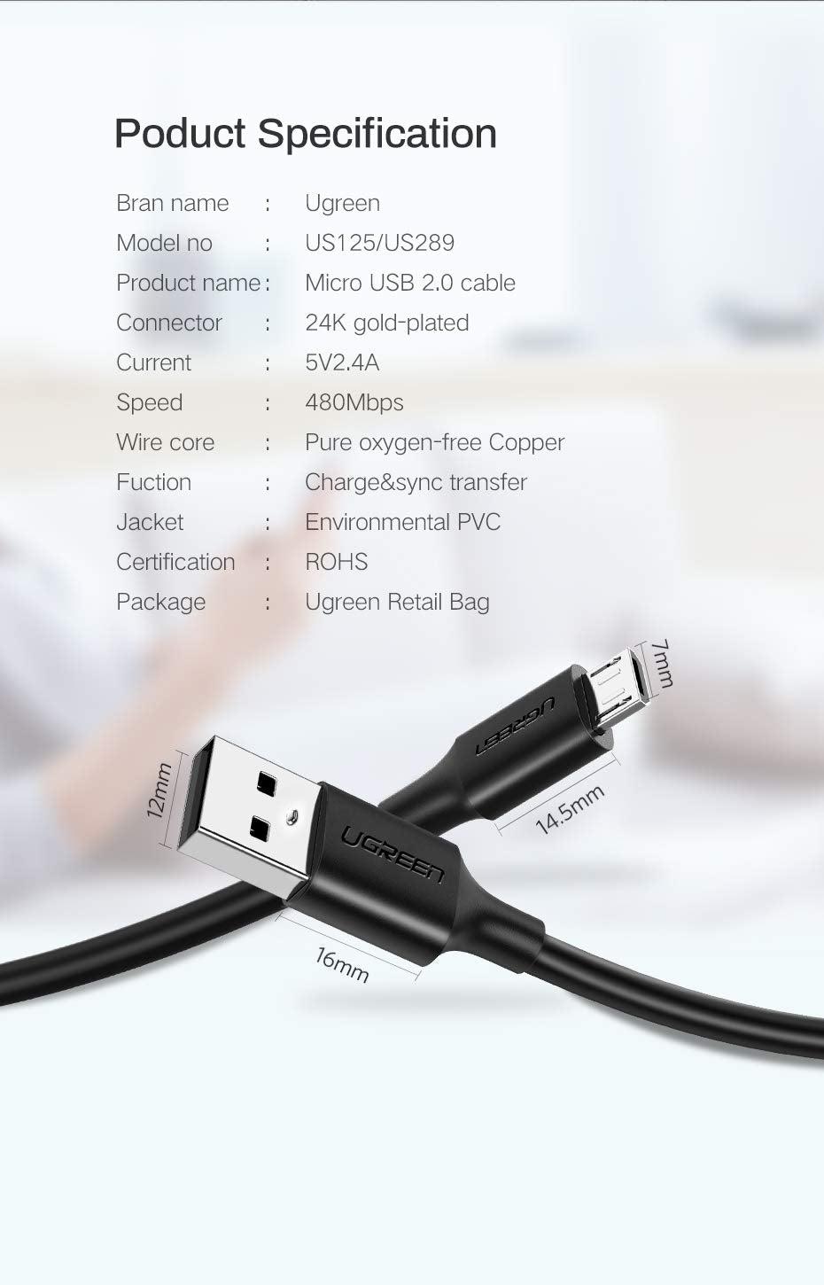 UGREEN USB 2.0 A to Micro USB Cable Nickel Plating 2m (Black) 60138