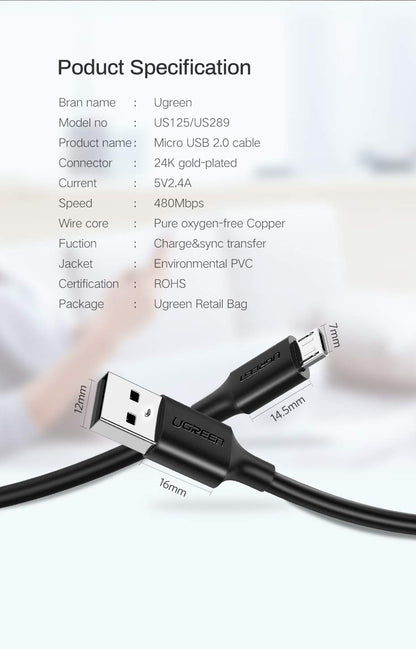 UGREEN USB 2.0 A to Micro USB Cable Nickel Plating 2m (Black) 60138