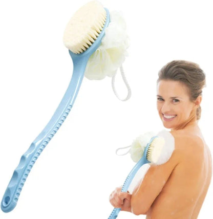 Bath Brush with Curved Long Handle Shower Body Brush with Bristles and Sponge