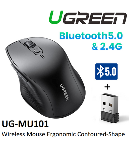 UGreen Ergonomic Wireless Computer Mouse (MU101) Dual Mode Bluetooth & USB Receiver Connectivity