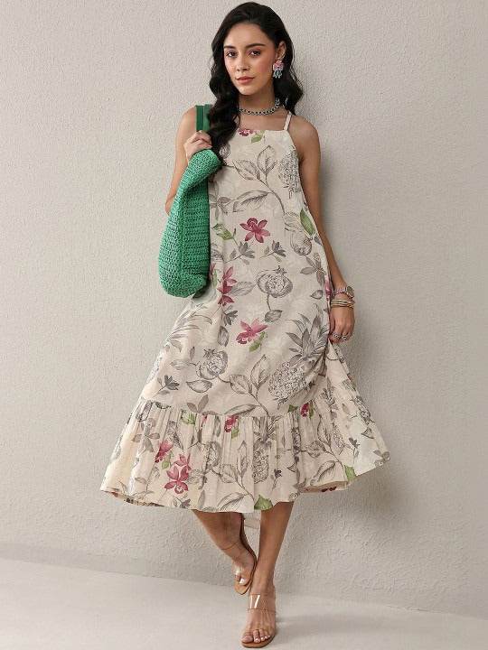 Cream-Coloured Floral Print a-Line Dresses