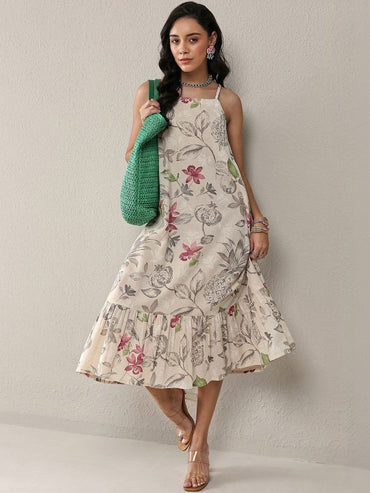 Cream-Coloured Floral Print a-Line Dresses