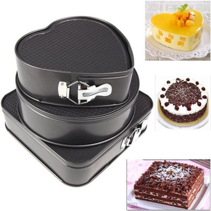 3 Pcs Cake Mould Tray Heart Square Circle Cheesecake 3Pcs Bakeware Pan - Black