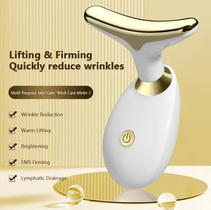 Powered Neck & Face Massager – Contoured Rollers for Relaxation | Elegant White and Gold Aesthetic