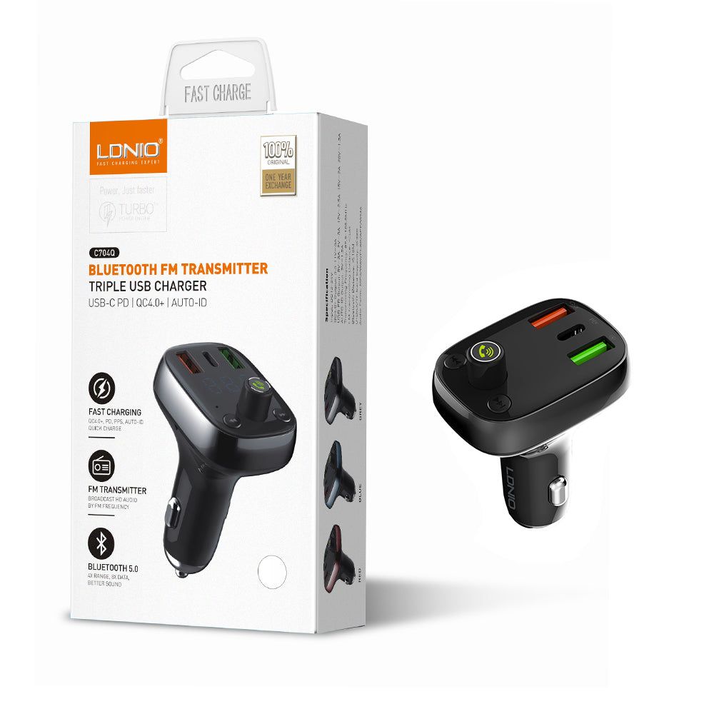LDNIO C704Q Bluetooth FM Transmitter Triple USB Charger/USB-C PD/QC 4.0+ / Auto-ID Fast Charging