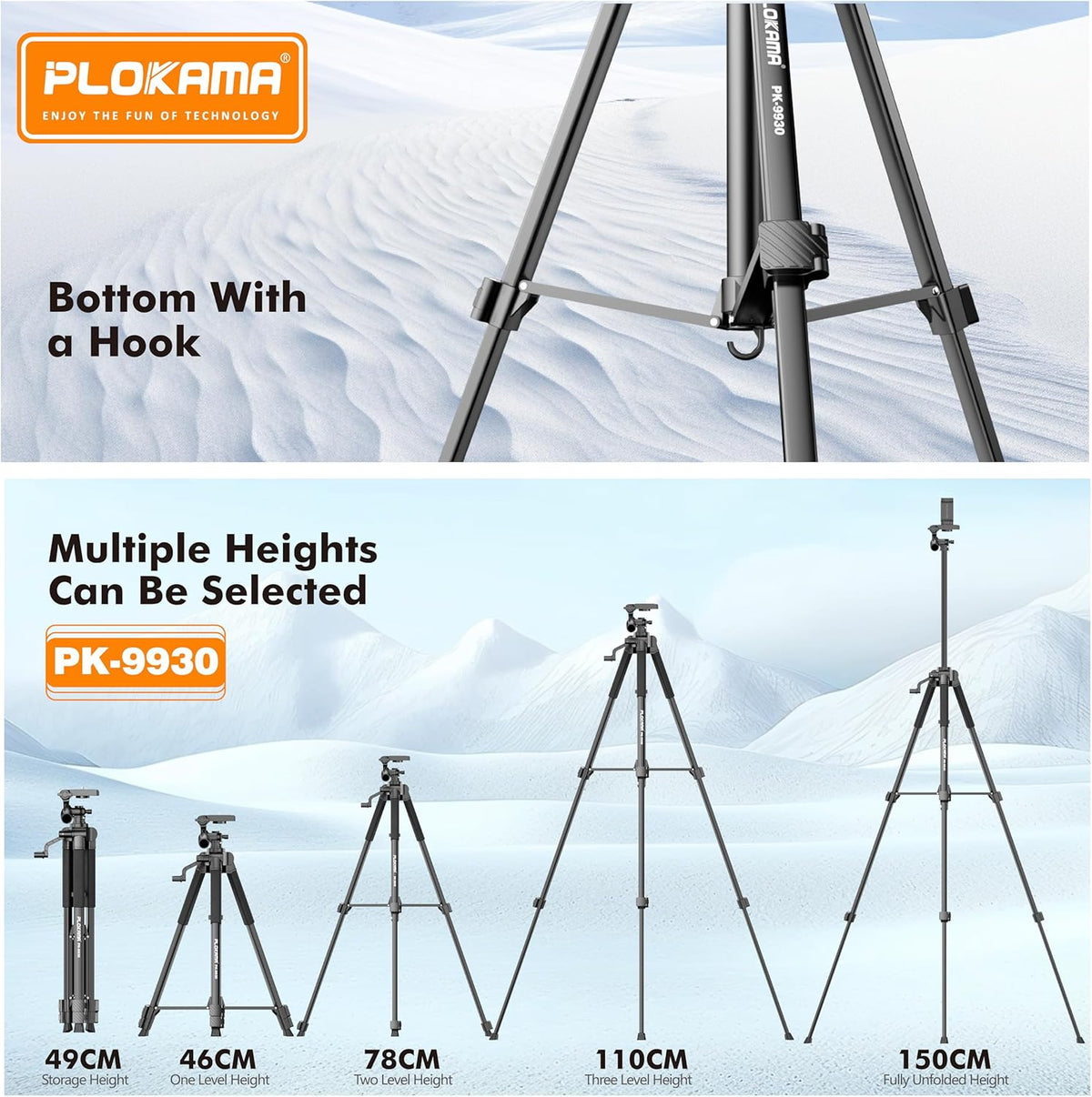 Plokama PK-9930 – 150CM Tall, 360° Rotating Tripod with Bluetooth Remote, Phone Holder & Carry Bag