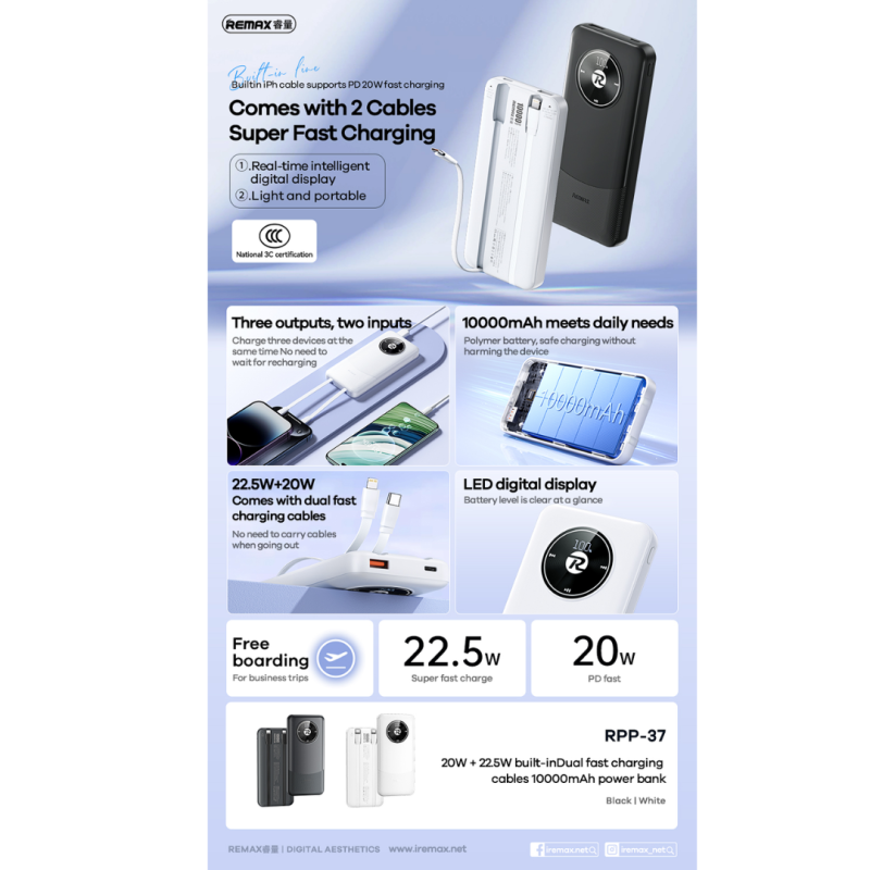 REMAX 10000mAh 20W+22.5W with 2 Integrated Fast Charging Cables Power Bank  - RPP-37