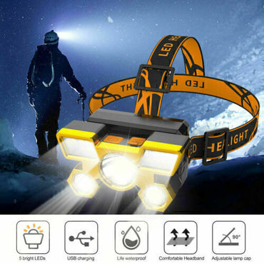 5 LED Rechargeable Headlamp – Super Bright USB Flashlight with Built-in Battery for Camping, Fishing