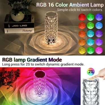 Crystal Rose Diamond Touch Lamp 16 Colors RGB USB Rechargeable with Remote Control