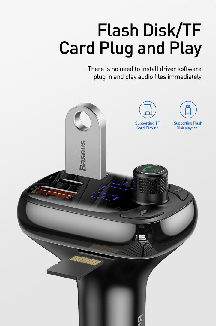 BASEUS T-Typed Bluetooth Digital FM Transmitter MP3 Car USB Charger Three Port USB with TF MicroSD