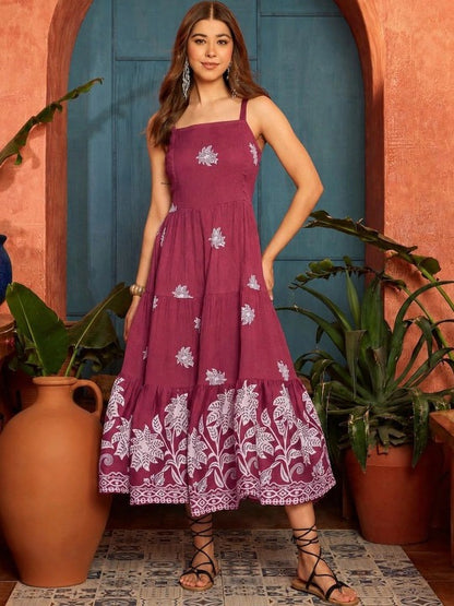 Floral Print Crepe a-Line Midi Dress
