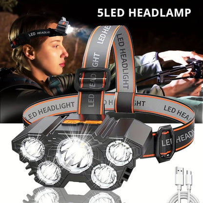 T21 5LED with Built-in 18650 Battery USB Rechargeable Portable Flashlight Lantern Headlamp