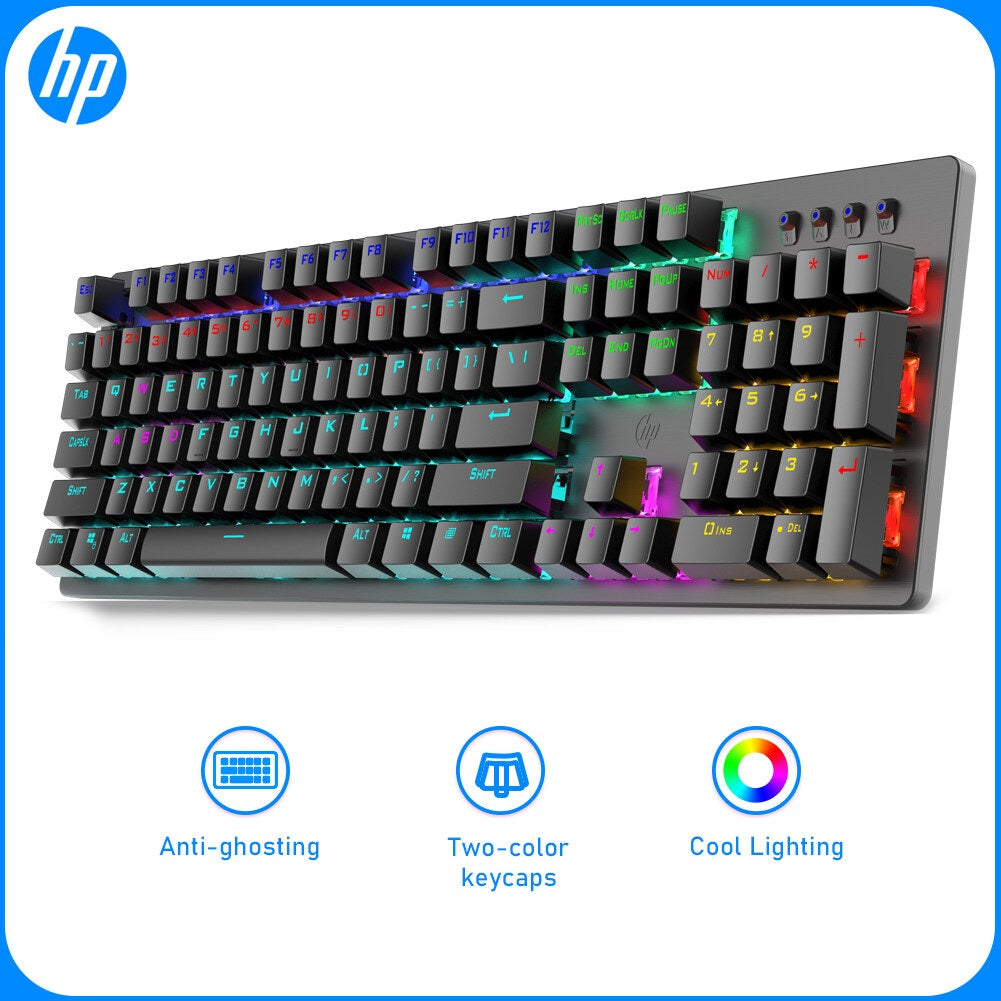 HP GK100F Mechanical Gaming Wired Keyboard with Mixed Backlight, 104 Keys Blue Switch, 60 Million Times Key Life, Metal Pan for PC Office Home