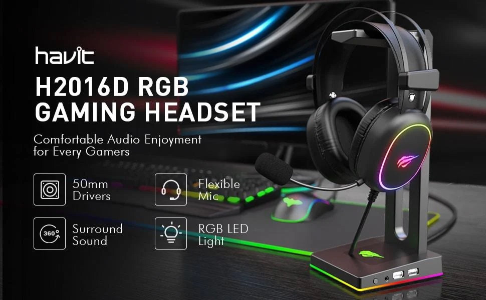 HAVIT H2016D RGB Wired Gaming Headset with Microphone Stereo Surround Sound
