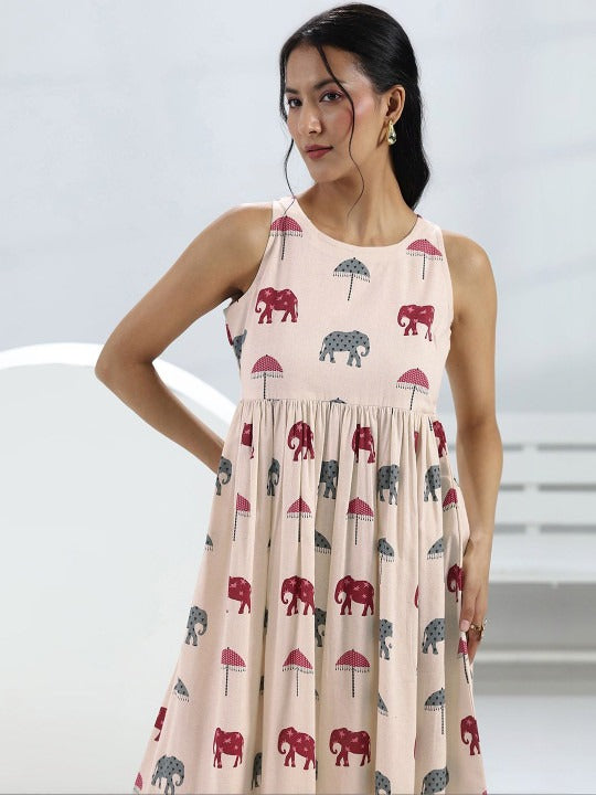 Off White Elephant Printed a-Line Cotton One-Piece Dress