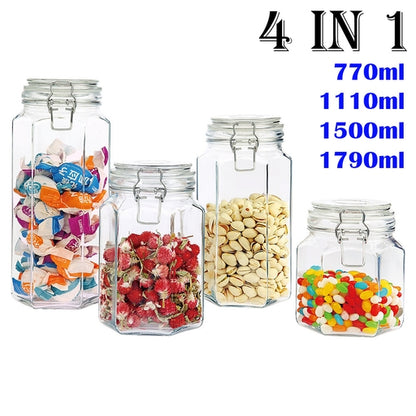 Square/Hexagonal Glass Food Storage Jars with Airtight Clamp Lids