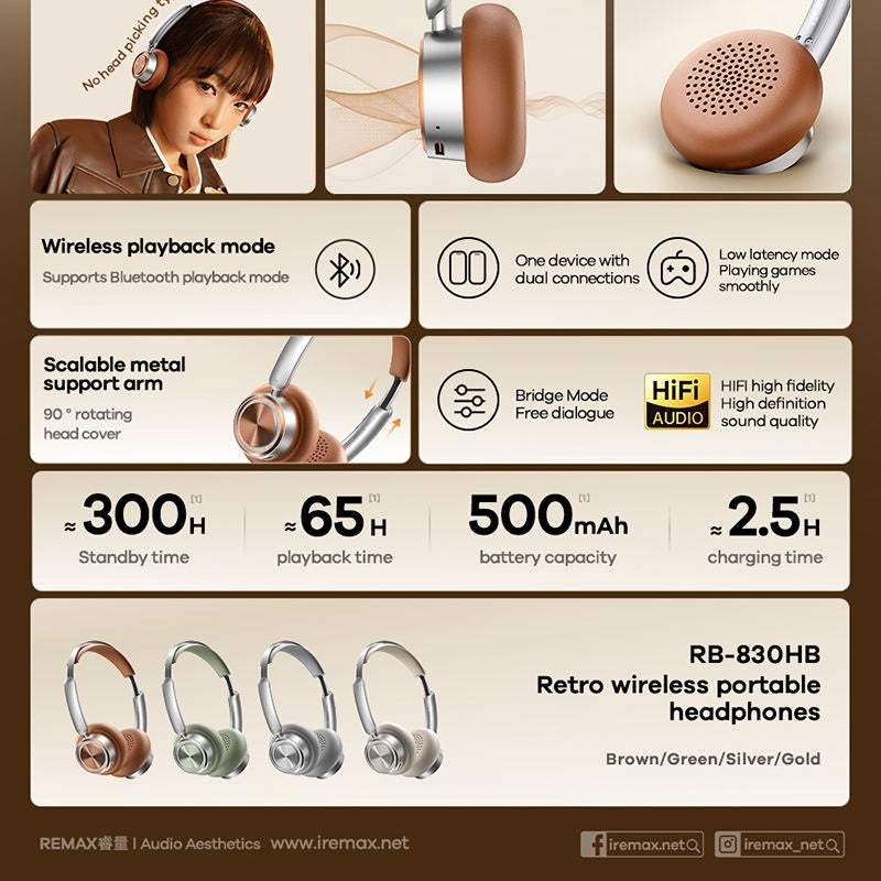 REMAX RB-830HB Retro Wireless Headphones Vintage Style BT 5.4 60-Hour Built-in Mic Comfort Fit Headphone for Music & Calls
