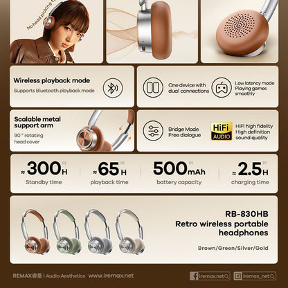 REMAX RB-830HB Retro Wireless Headphones Vintage Style BT 5.4 60-Hour Built-in Mic Comfort Fit Headphone for Music & Calls
