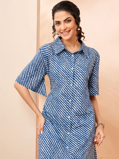 Blue Pure Cotton Striped Printed a-Line Dress