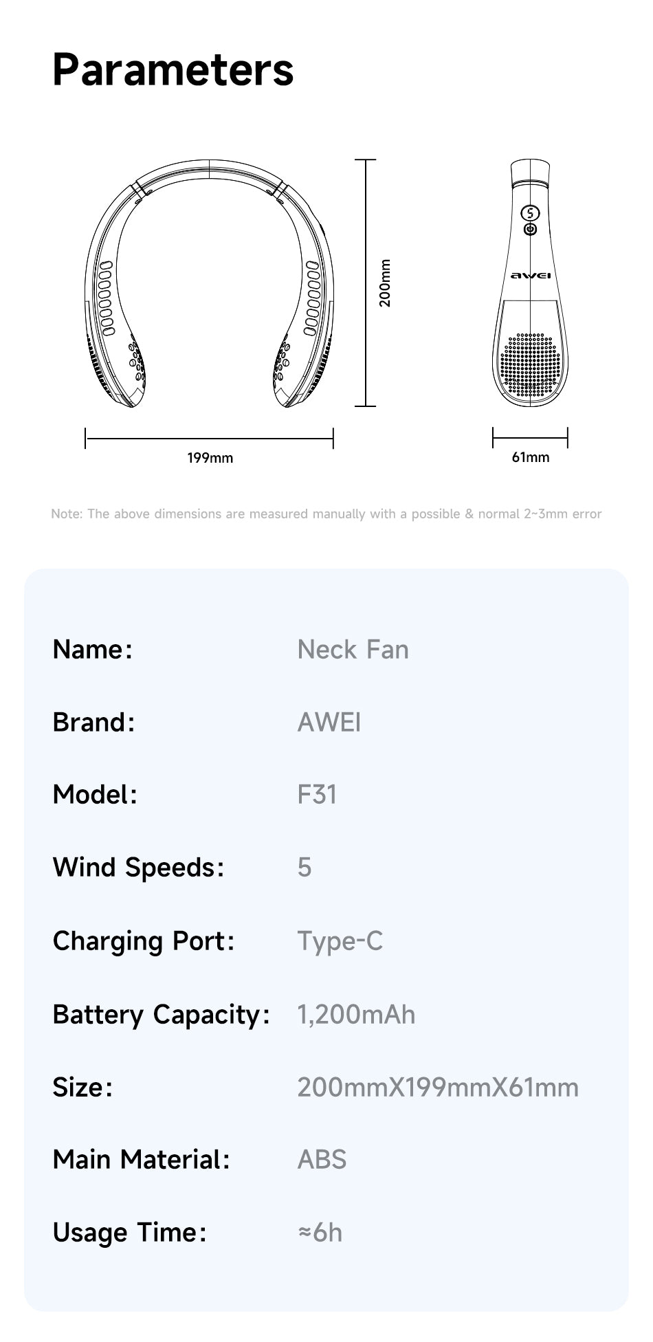 AWEI F31 Neck Hanging Neckband Fan 1200mAh Large Capacity, Five Wind Speed Levels