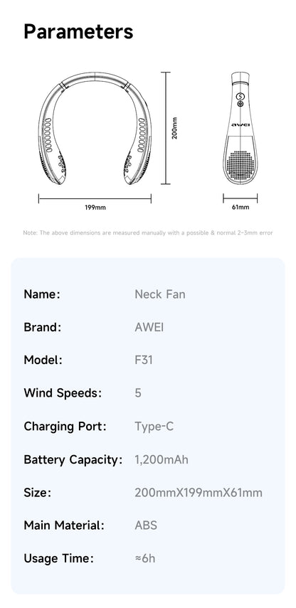 AWEI F31 Neck Hanging Neckband Fan 1200mAh Large Capacity, Five Wind Speed Levels