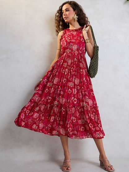 Floral Print Ruffled Chiffon Fit & Flare Midi Dress
