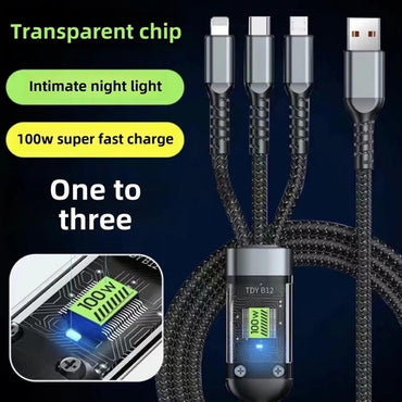Transparent Design Charging Cable 3-in-1 Fast Charging Cable with Type-C Micro Usb Connectors