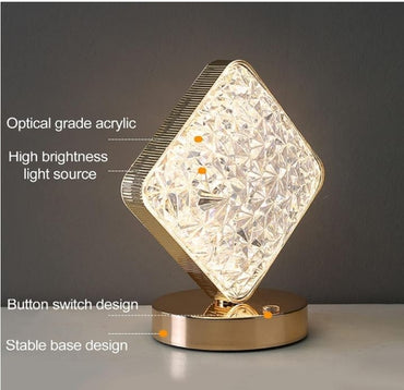Square Shape Crystal Lamp Cordless Luxury Lamp USB Rechargeable 3-Way Dimmable Touch Ctlr Decoration