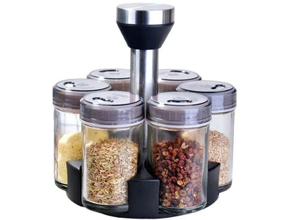 Seven Piece Spice Jar Set with Glass Organizer and Rotating Rack Ideal for Seasoning