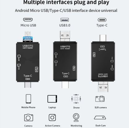 6 In 1 Memory Card Reader with USB 3.0 Type C/USB/Micro USB/TF/SD Memory Card Reader OTG Card Slot